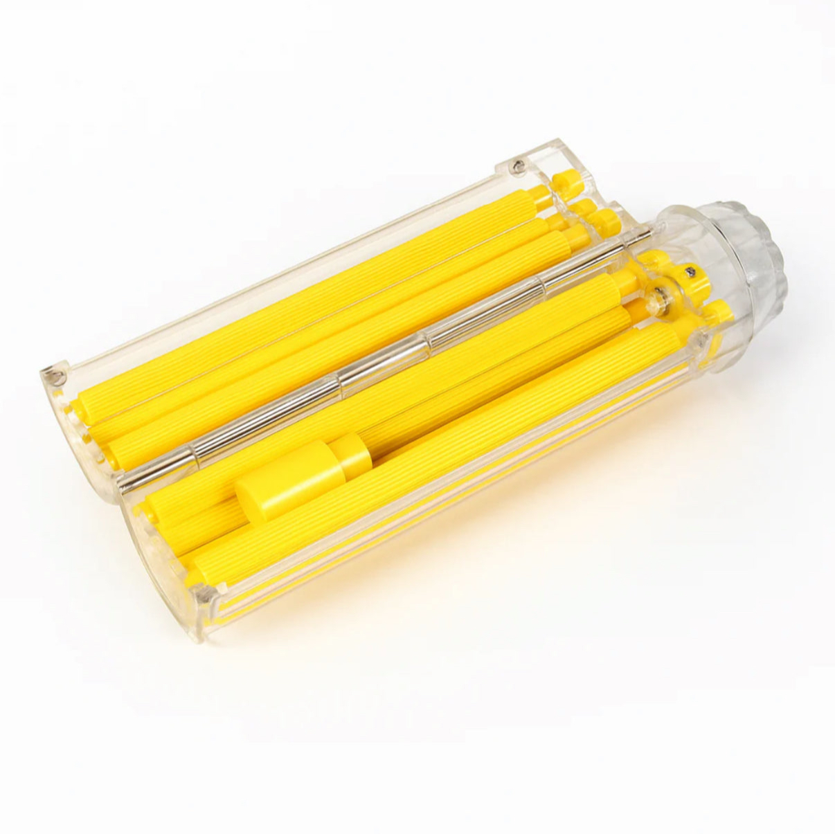 My Puff Roller — transparent acrylic roller with yellow rollers, opened to show the interior